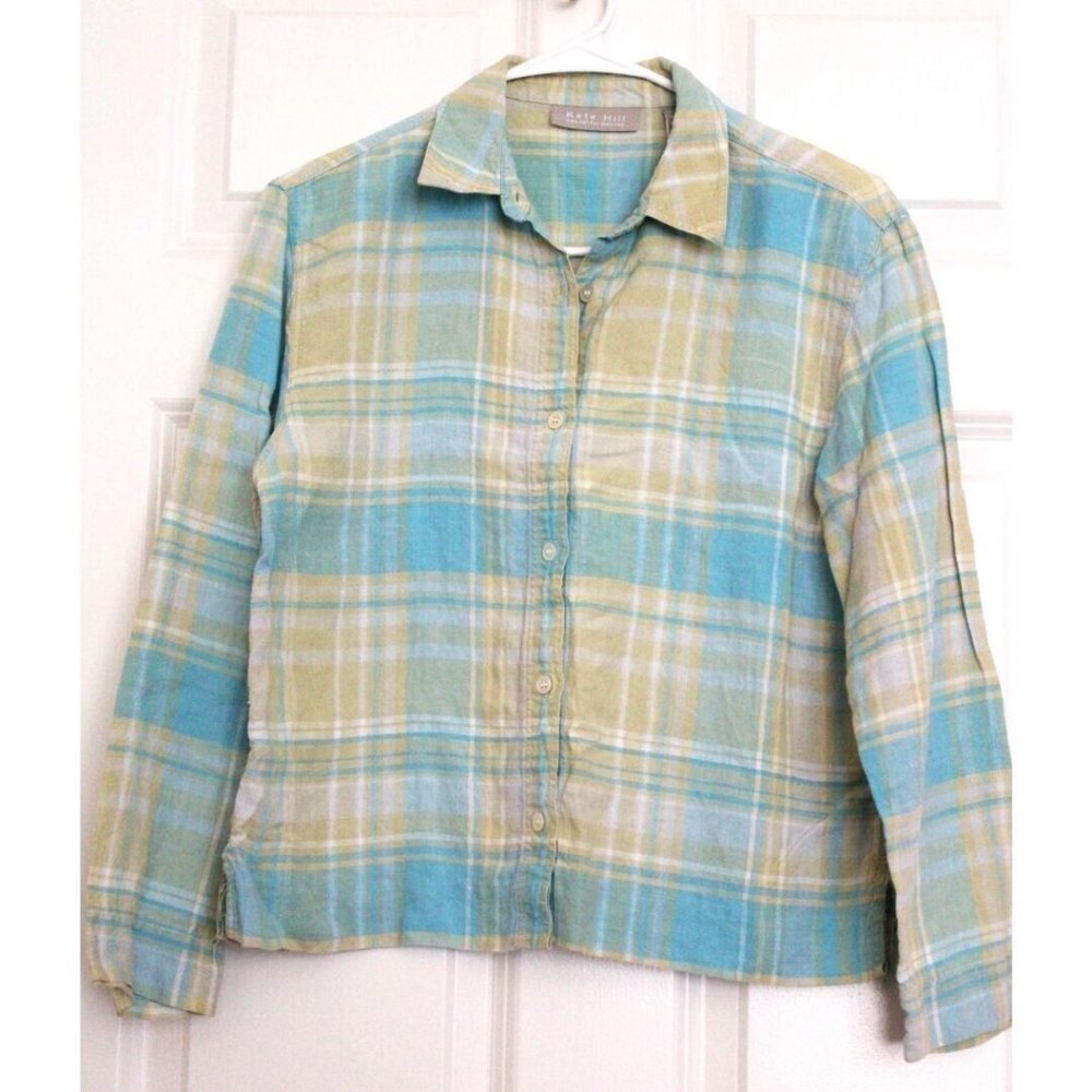 Kate Hill Linen Cropped Shirt Plaid Blue Lagenlook Minimalist Beach Sz PS
